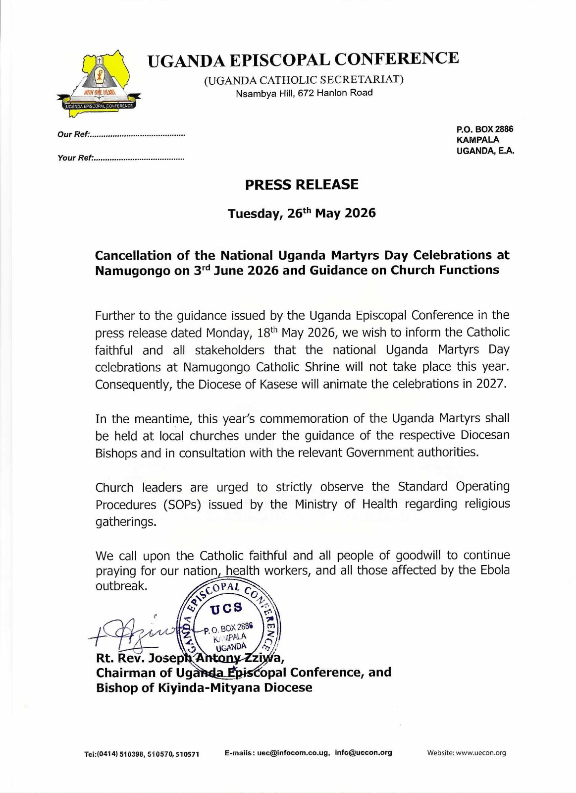 CANCELLATION OF THE NATIONAL UGNANDA MARTYRS’ DAY CELEBRATIONS 2026